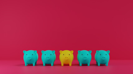 Yellow Piggy Bank out from the crowd on Pink background. 3D rendering. savings money concept. Blue and Yellow Piggy Bank and saving idea. Pink background.