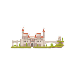 Fairy cartoon palace isolated medieval fairytale castle. Vector magic citadel landscape scenery, king and queen home. Cartoon medieval building, royal kingdom tower with entrance gate, fort of stone