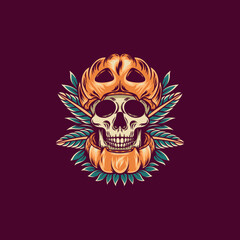 Pumpkin Skull Retro Illustration