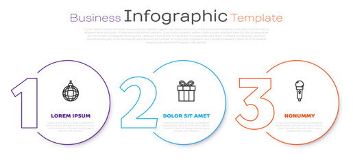 Set line Disco ball, Gift box and Microphone. Business infographic template. Vector