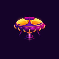 Spacecraft futuristic ufo starship alien craft isolated glowing saucer. Vector cartoon ship flying glowing object icon. Cosmos galaxy invaders extraterrestrial station, futuristic alien spaceship