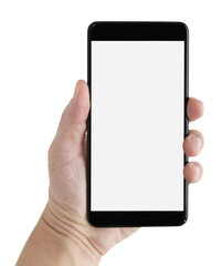 The left hand of a white man holding a black smartphone on a cutout background.