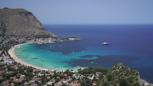 Mondello beach resort in Palermo, Italy. Aerial footage.