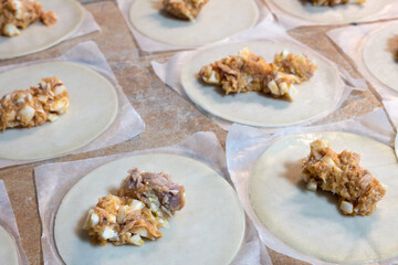 Wafers with tuna and egg are ready to make small pasties on a rustic kitchen counter. Homemade food.