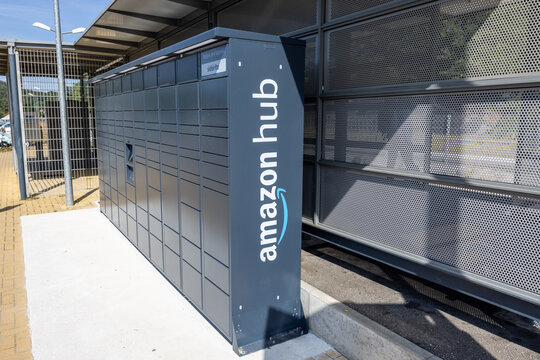 Wingen sur Moder, France - August 08, 2022 : Amazon Hub Locker, where customers can take their order themselves.