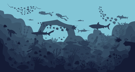 silhouette of coral reef with fish on blue sea background underwater vector illustration