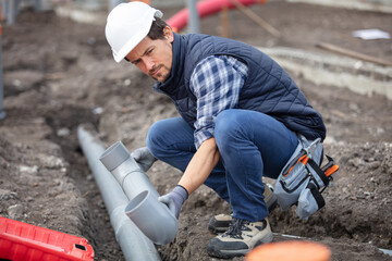 home renovation plumber fixing sewerage pipe at construction site