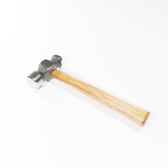a 3D illustration 3D rendering of a wooden hammer, with an iron head and polished wood