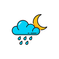 Rain weather forecast icon, night cloud, moon and heavy shower drops, vector color outline symbol. Night weather forecast of drizzle and rainy cloudy climate