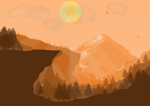 Mountain illustration with hard sun