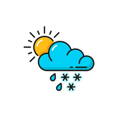 Weather forecast icon, rain, snow and sun in cloud, vector color outline symbol. Sunny day overcast weather forecast of rainy snowfall and cold drizzle