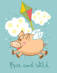 Vector illustration with colour elephants and pigs for greeting card design, t-shirt print, inspiration poster