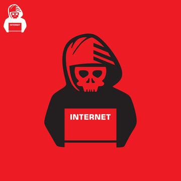 iternet virus logotype, silhouette of human with skull mask sitting vector illustrations