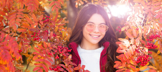 fall season fashion. teen girl with curly hair among autumn rowan leaves. Autumn fall child for...