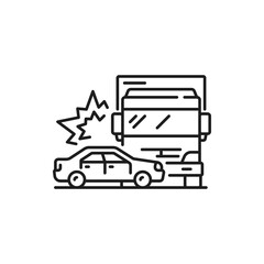 Car crash, damage or accident line icon. Automobile driving safety and insurance thin line symbol. Car collision, traffic violation outline vector pictogram with truck crushing in passenger car © Vector Tradition