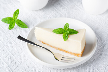 Classical New York Style Cheesecake And Coffee On Table. Side View