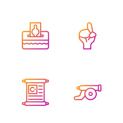Set line Ramadan cannon, Holy book of Koran, Donate pay your zakat and Hands in praying position. Gradient color icons. Vector