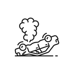 Car damage, crash or collision line icon. Car accident, disaster outline vector pictogram, automobile damage in collision, road crash or driving safety thin line sign with smoking car lying on roof
