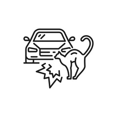 Car accident, damage or collision thin line icon. Automobile traffic violation outline vector sign, car damage in road crash, accident icon. Vehicle insurance thin line pictogram with car hitting cat