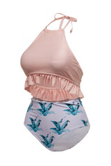Close-up shot of a two-piece swimsuit. The bathing suit consists of a pink halter top and swim...