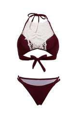 Close-up shot of a two-piece swimsuit. The bathing suit consists of a red top with white lace...