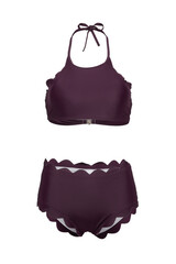 Close-up shot of a two-piece swimsuit. The bathing suit consists of a violet halter top and violet...