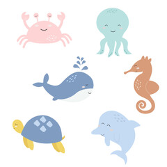 Sea animals in boho style. Vector illustration