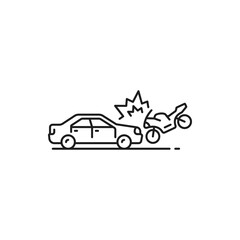 Car damage, accident or collision line icon. Automobile damage in collision, traffic violation pictogram with car crushing with sportbike. Car insurance, driving safety outline sign or vector symbol
