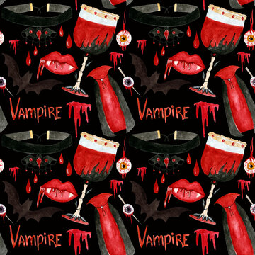Watercolor seamless vampire pattern with cloak, jewellery, drink,bat, bloody elements and lettering on dark background