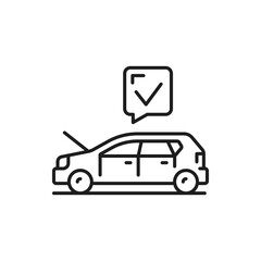 Obraz premium Car with check mark linear icon. Total automobile check isolated outline linear sign. Vehicle approved or allright, checklist in workshop done