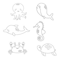 Sea animals in outline style. Vector illustration