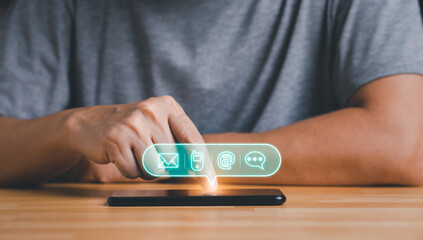 Man reading an email, chat or communicate with other person, searching internet or website or phone call with friend via smart phone. Communication technology concept.