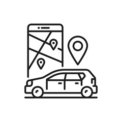 Mobile gps navigation and smartphone with map, car sharing service application. Taxi and delivery by vehicle, pinpoint above car, travel guide