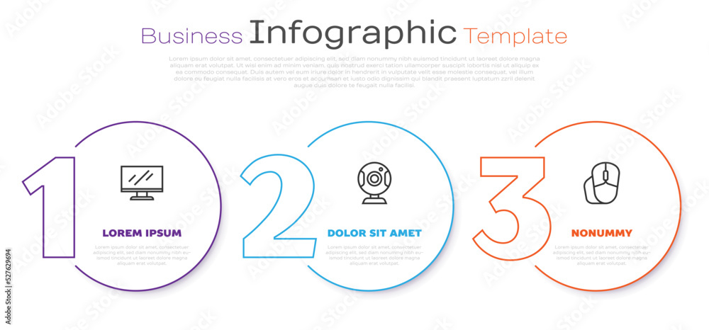 Poster set line computer monitor screen, web camera and mouse. business infographic template. vector
