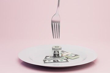 "Fork over the money" concept of one dollar bills in the tines of a fork on a pastel background. 3d render