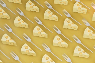 abstract background. patterns of pieces of cheese and forks on a yellow background. 3D render