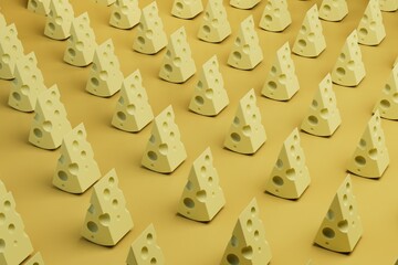 abstract background. patterns of pieces of cheese on a yellow background. 3D render