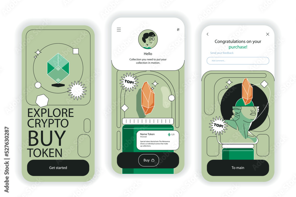 Aufkleber crypto market concept onboarding screens. cryptocurrency and blockchain technology, buy and sell bit