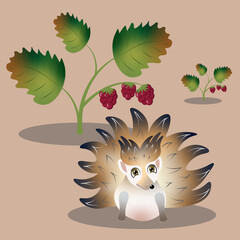 An illustration of a hedgehog and small shrubs of berries