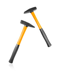 Two new hammers with plastic handles close up isolated on white background