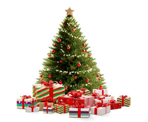 green fir Christmas tree with gifts 3d-illustration