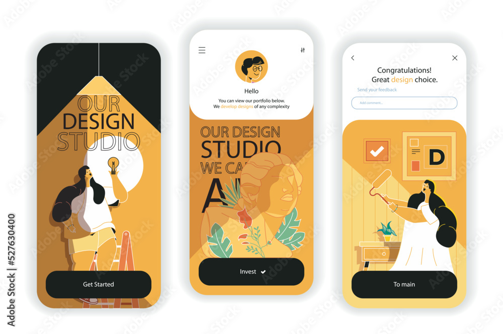 Poster design studio concept onboarding screens. create artwork and content in designer agency, creative pr