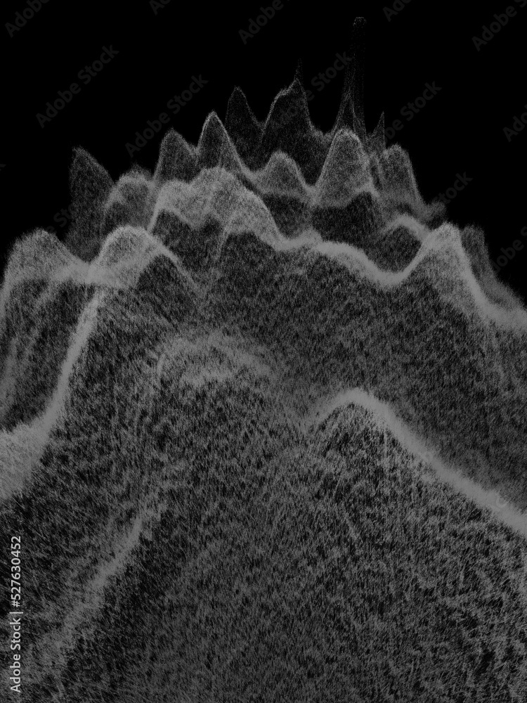 Aufkleber 3d illustration exploding surface view shades of grey contour lines on a black background