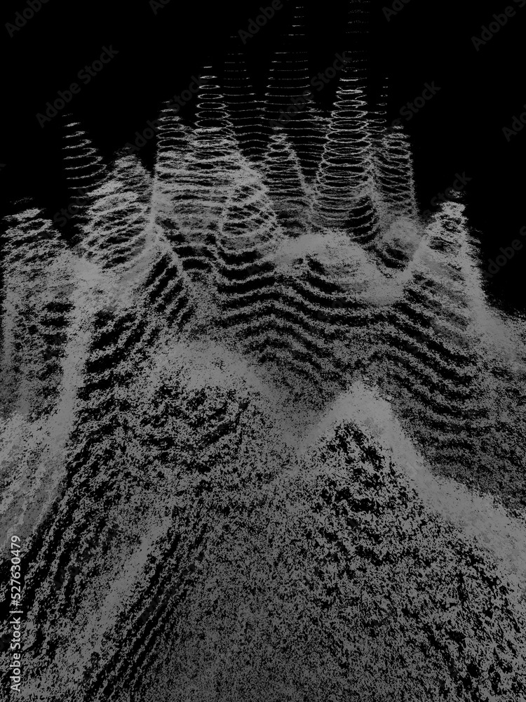 Poster 3d illustration exploding surface view shades of grey contour lines on a black background