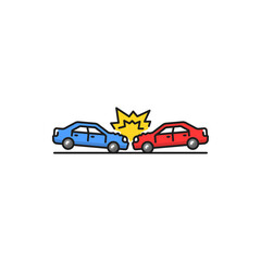 Road collision isolated car trash color line icon. Damaged transport, accident on road. Two smashed vehicles city drive disaster