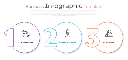 Set line TV News car, Microphone and Breaking news. Business infographic template. Vector