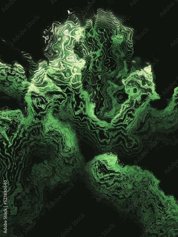 Poster 3d illustration exploding surface view shades of green contour lines on a black background