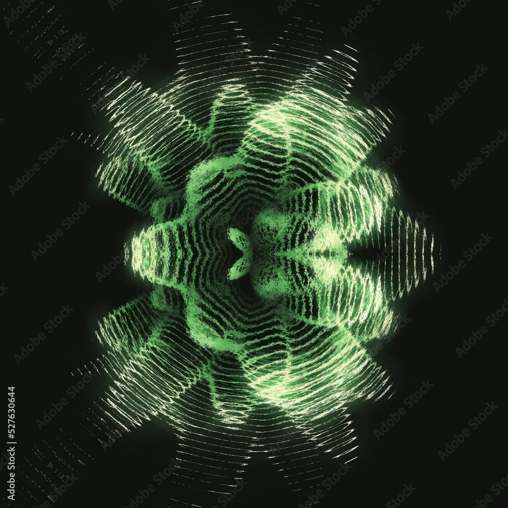 Poster 3d illustration exploding surface view shades of green contour lines on a black background