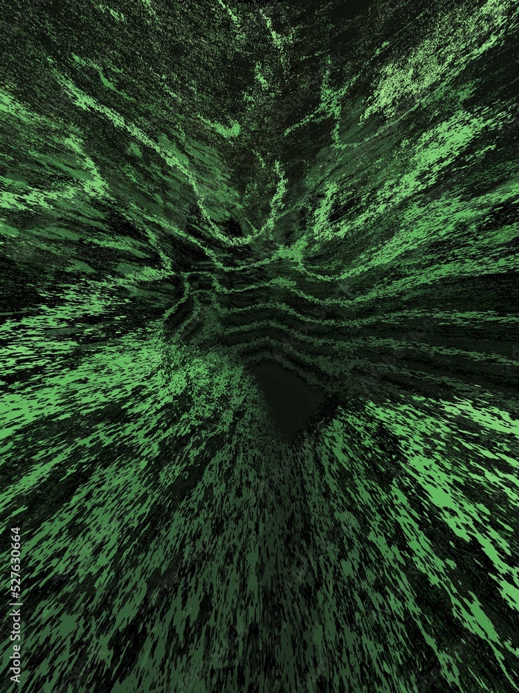 Poster 3d illustration exploding surface view shades of green contour lines on a black background