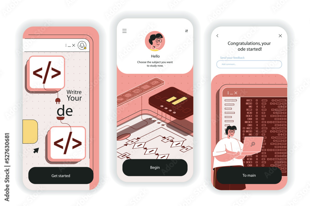 Leinwandbilder Programming software concept onboarding screens. Program development, coding, engineering and optimization. UI, UX, GUI user interface kit with flat people scene. Vector illustration for web design